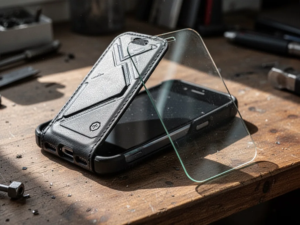 A rugged black flip case for an old smartphone, a curved tempered glass screen protector leaning against its edge, woode