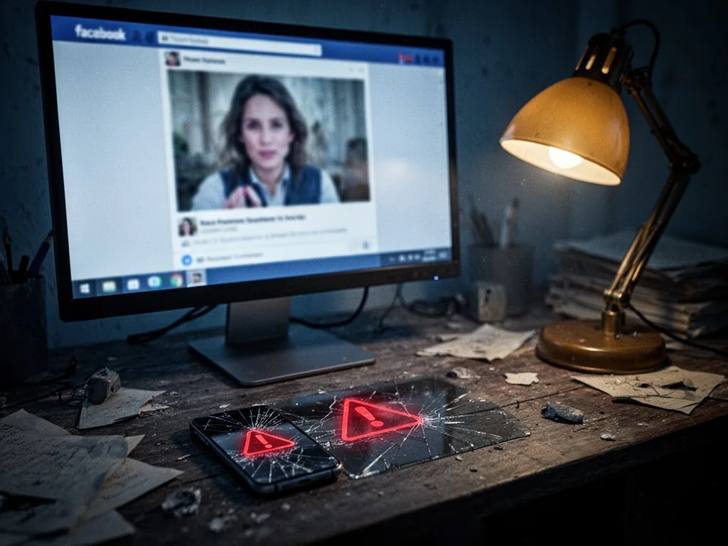 A desktop monitor displaying a blurred Facebook photo thumbnail, a cracked smartphone with a red warning icon, an amber 