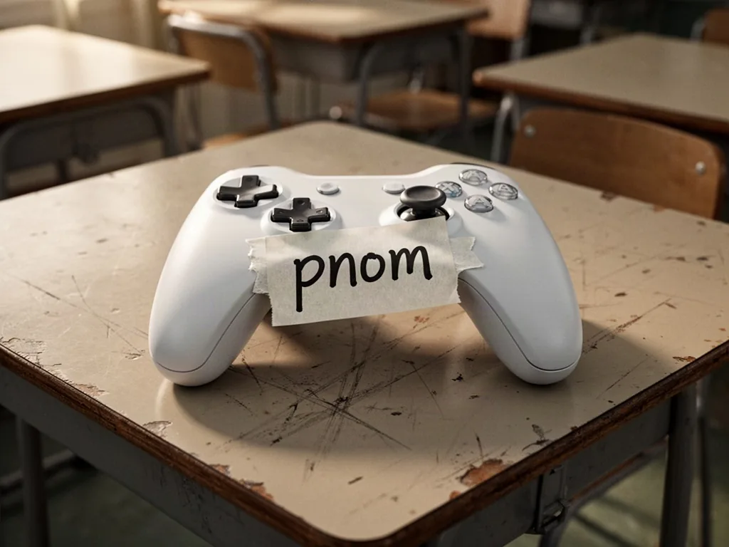 A white plastic game controller with a handwritten name tag reading 'pnom' taped to its center, lying on a scuffed schoo