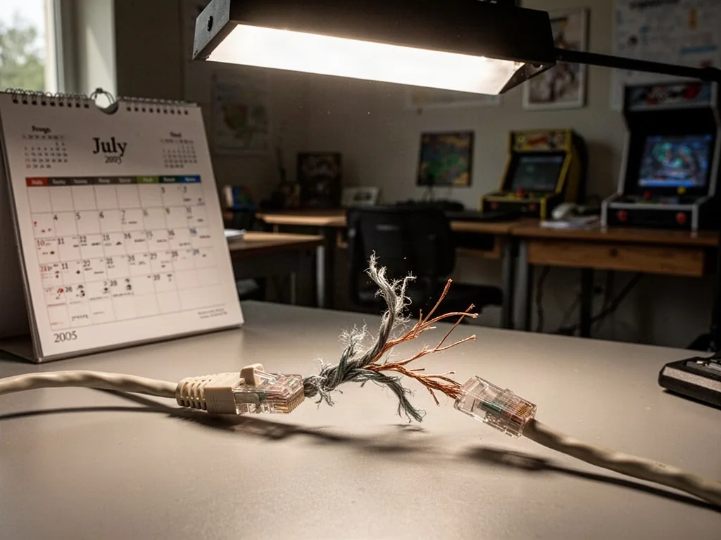 A frayed ethernet cable with broken copper wires exposed, lying on a desk next to a wall calendar open to July 2025, har