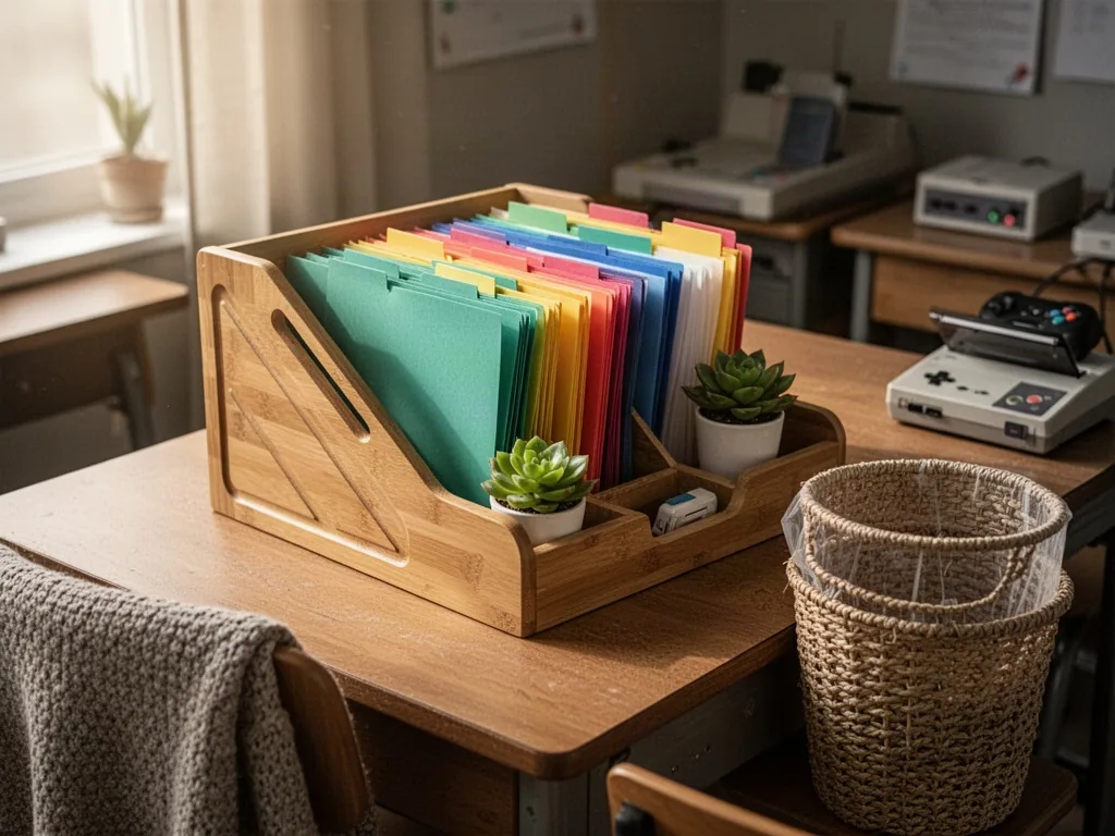 A clean wooden inbox tray with neatly sorted color-coded folders and a small green succulent, a woven wastepaper basket
