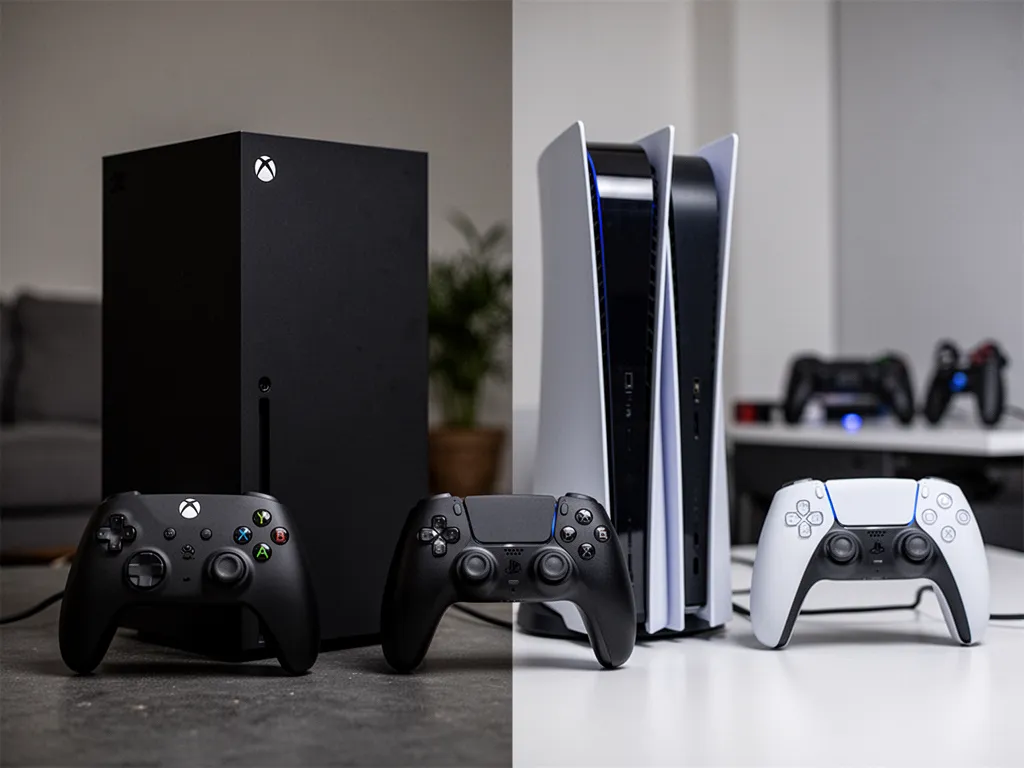 Une Xbox Series X et une PS5 Pro côte à côte sous une télévision 4K avec deux manettes posées devant