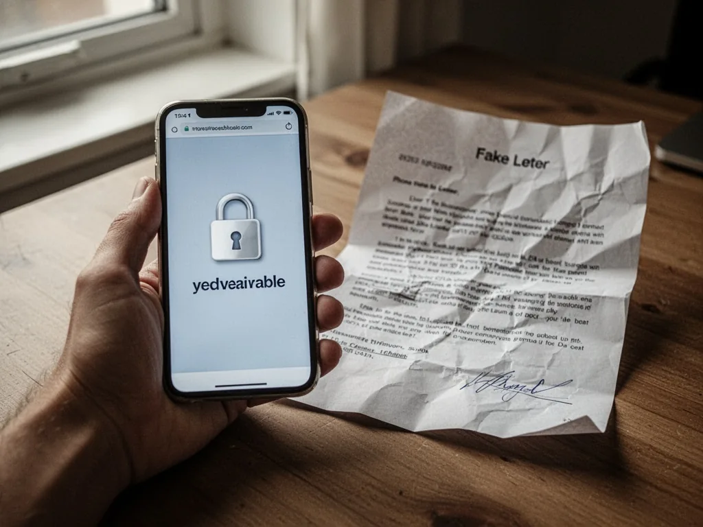 A hand holding a smartphone displaying a secure padlock icon over a website address, next to a crumpled fake letter, on 