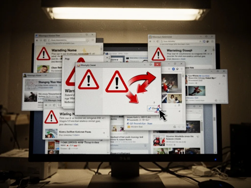A computer monitor covered in overlapping pop-up ad windows with red warning signs and animated redirect arrows, cursor 